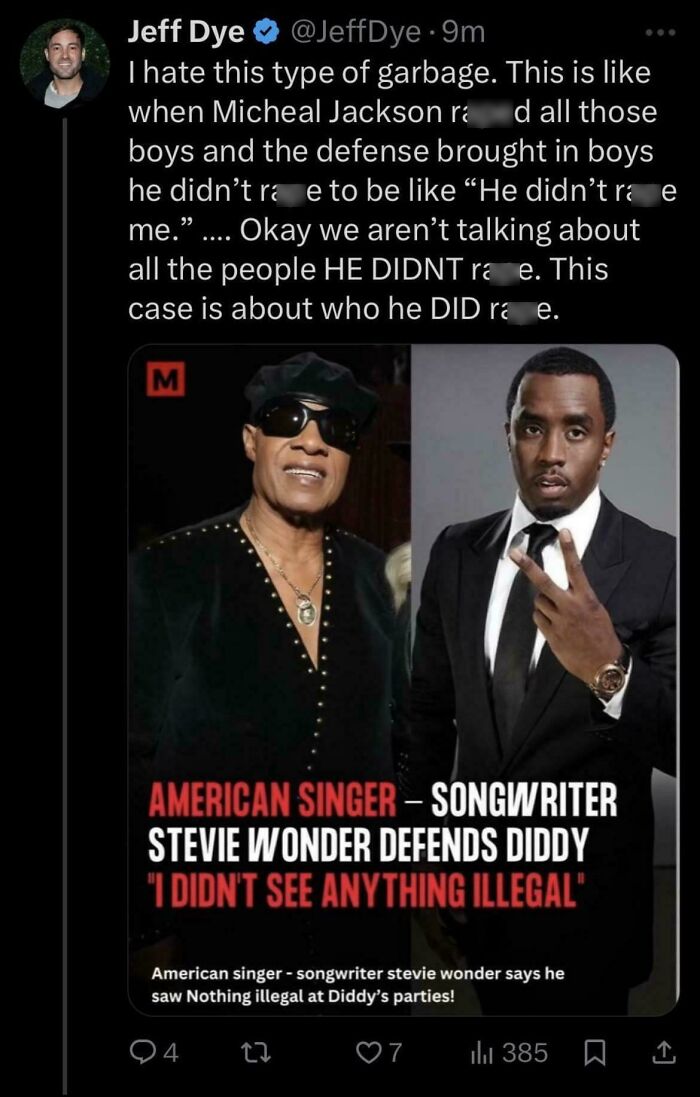 Satirical tweet of Stevie Wonder defending Diddy amid controversial allegations