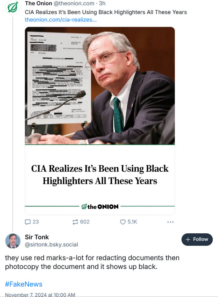 Satirical Onion tweet about CIA using black highlighters with user comment on redactions