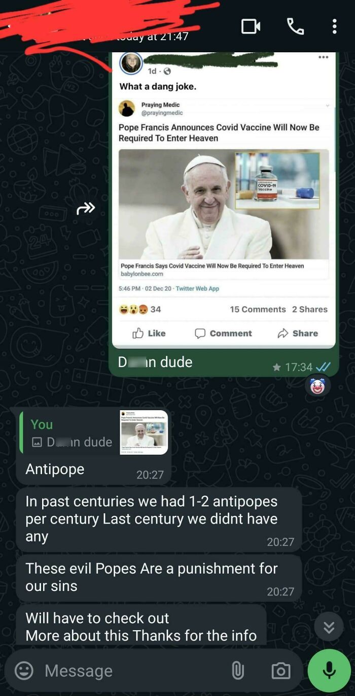 WhatsApp conversation discussing fake news about Pope Francis and Covid vaccine requirements