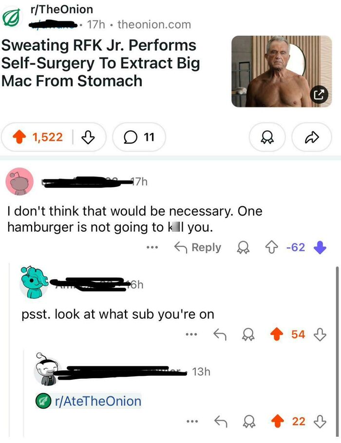 Screenshot of satirical headline about RFK Jr. self-surgery and Reddit comments on Ate The Onion subreddit