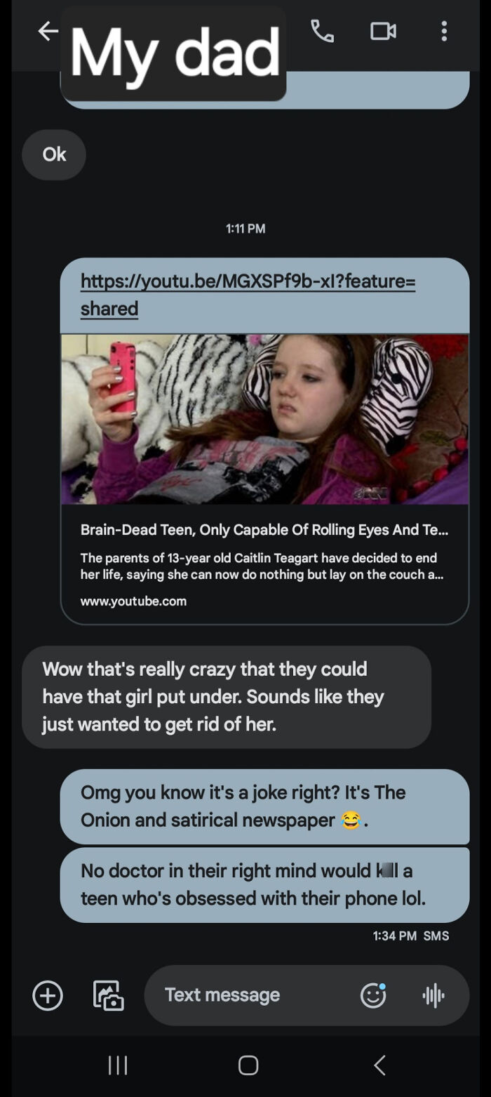Text message conversation explaining satirical nature of The Onion article about a teen