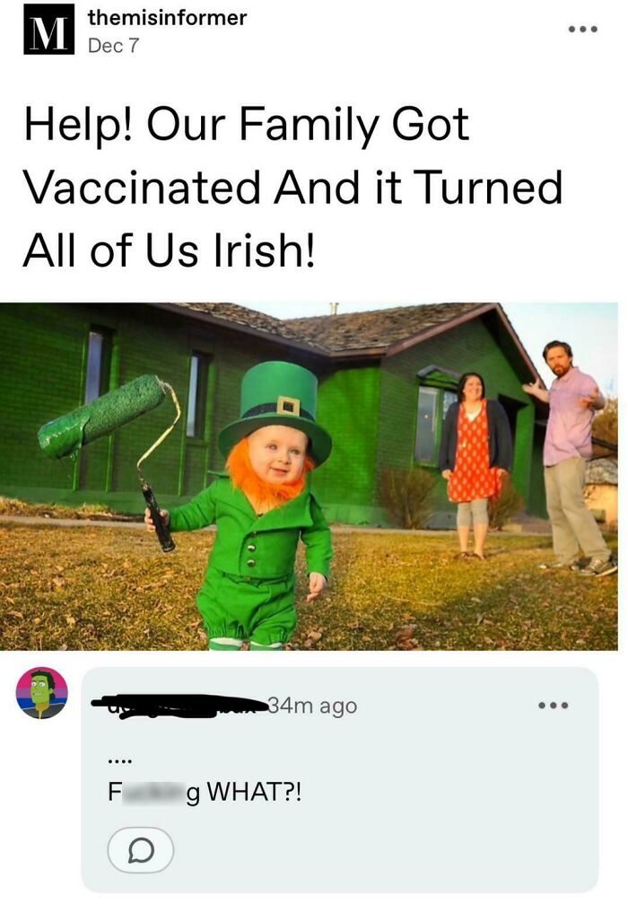 Child dressed as leprechaun painting house green in fake satirical news about vaccination