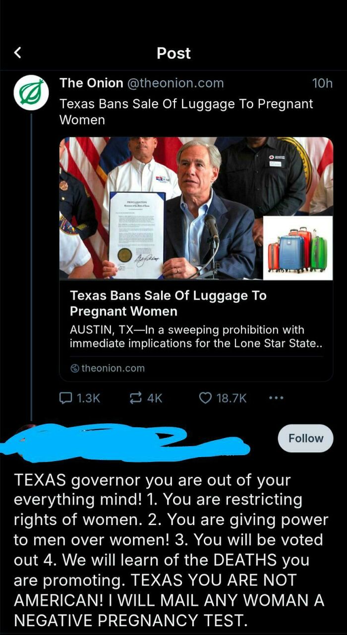 Texas bans sale of luggage to pregnant women satirical news with governor holding proclamation