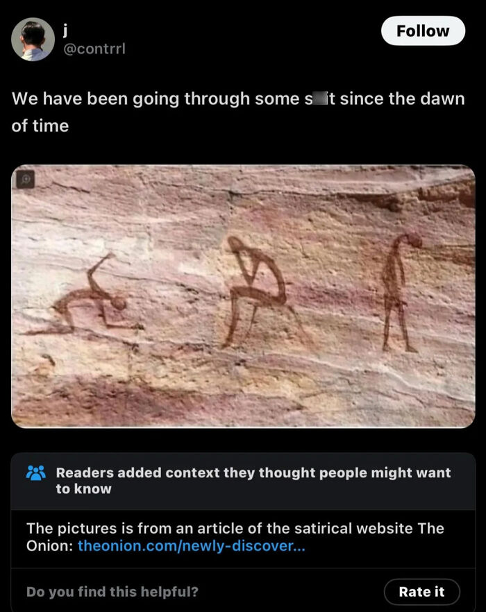 Satirical Onion post shows cave painting with ancient humans going through struggles