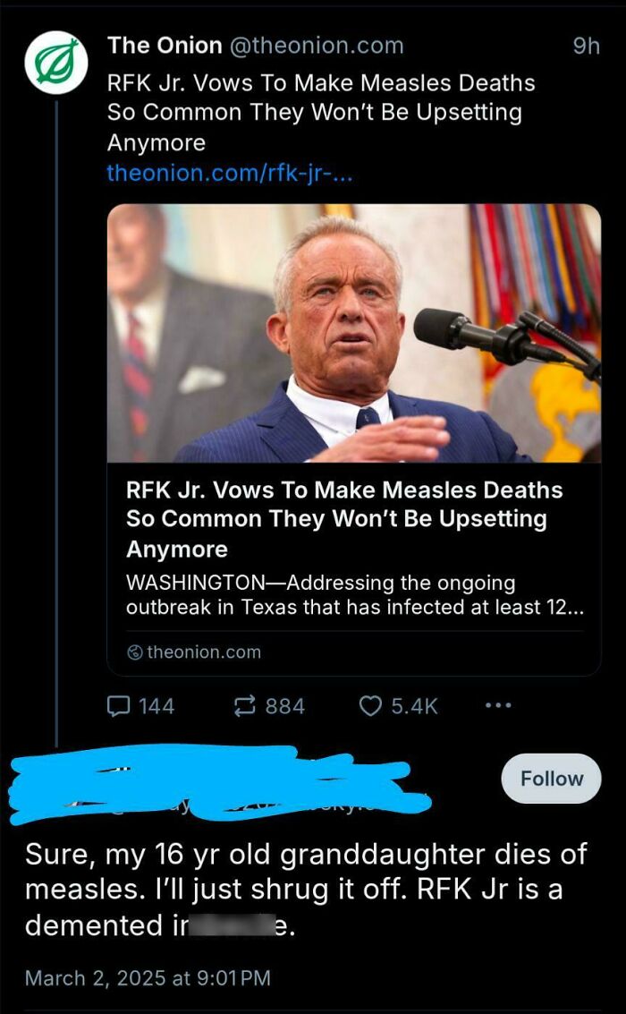 Satirical Onion headline on RFK Jr vowing to make measles deaths common