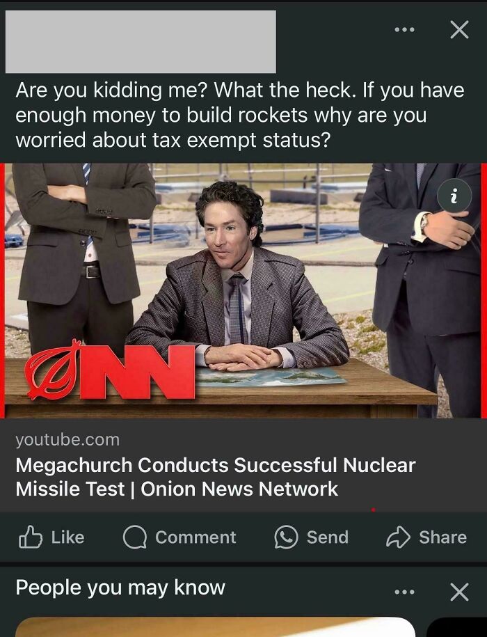 Fake Onion news about megachurch conducting successful nuclear missile test