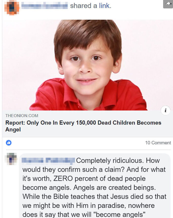 Satirical news headline about only one in every 150,000 d**d children becoming an angel