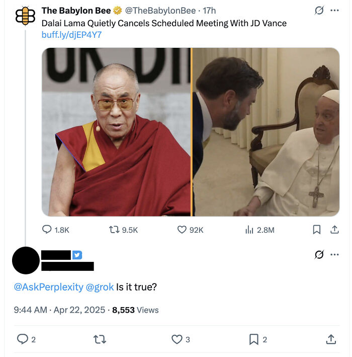 Satirical tweet about Dalai Lama canceling meeting with JD Vance with photo split
