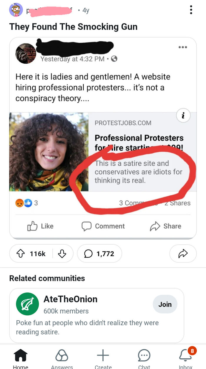 Social media post debunking satire about professional protesters hiring fake news