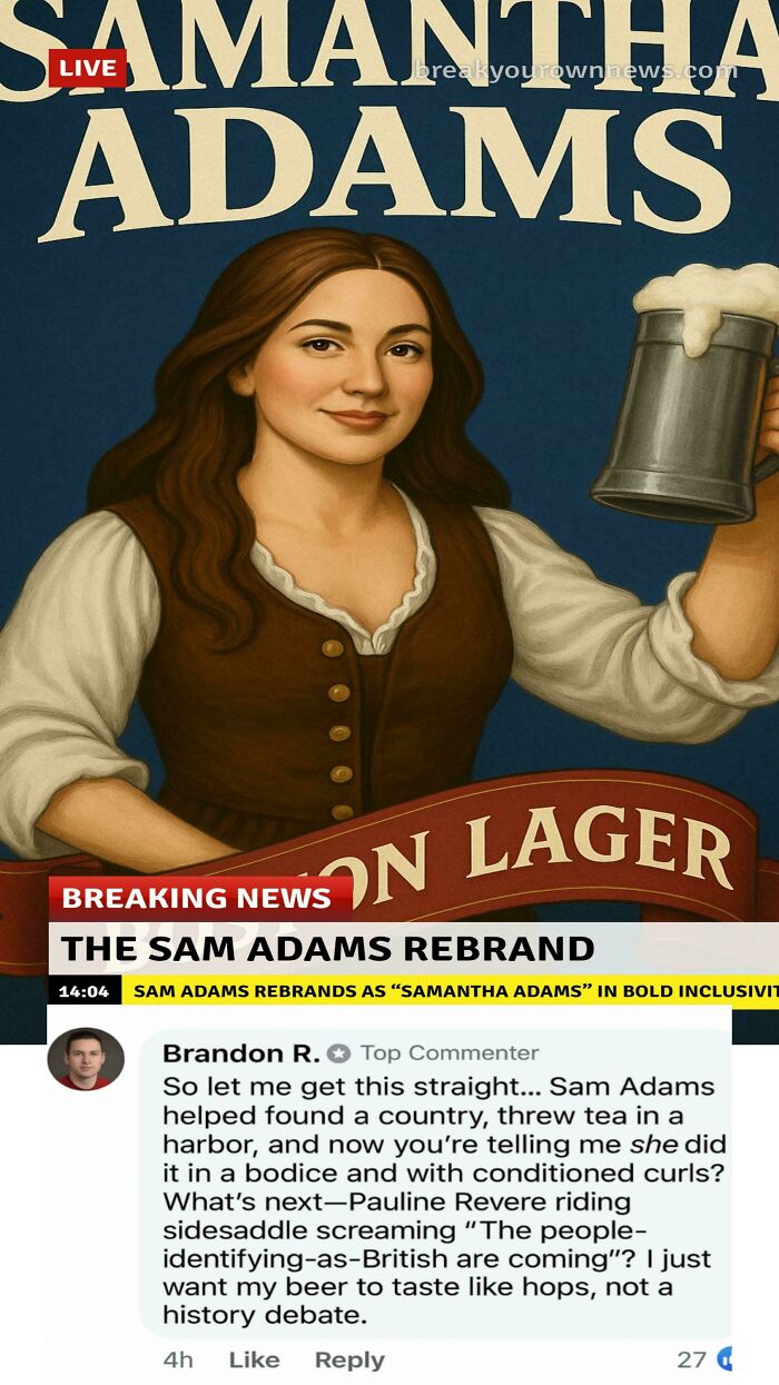 Sam Adams beer rebrand satirical news image showing Samantha Adams with beer mug