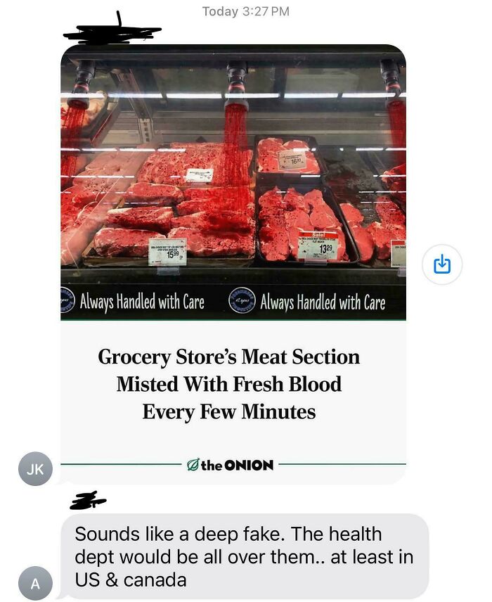 Satirical Onion headline about grocery store meat section misted with fresh blood