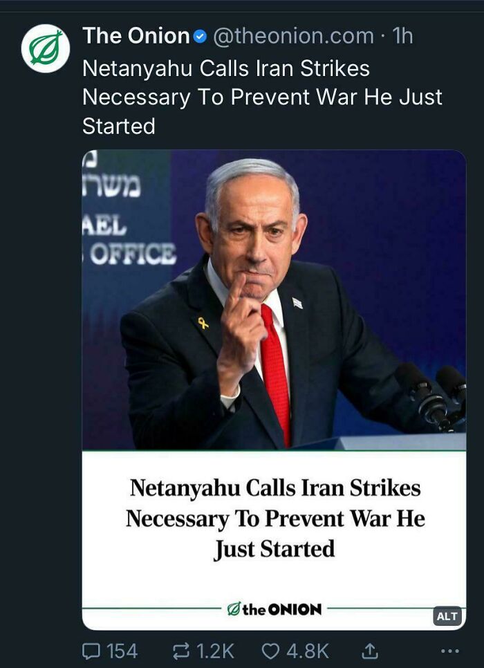 The Onion satire headline about Netanyahu calling Iran strikes necessary to prevent war
