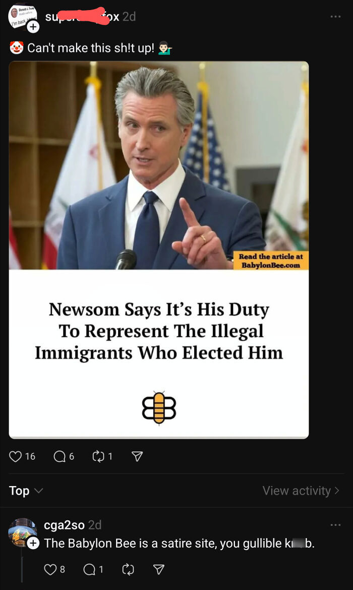 Satirical post about Newsom representing illegal immigrants from Babylon Bee