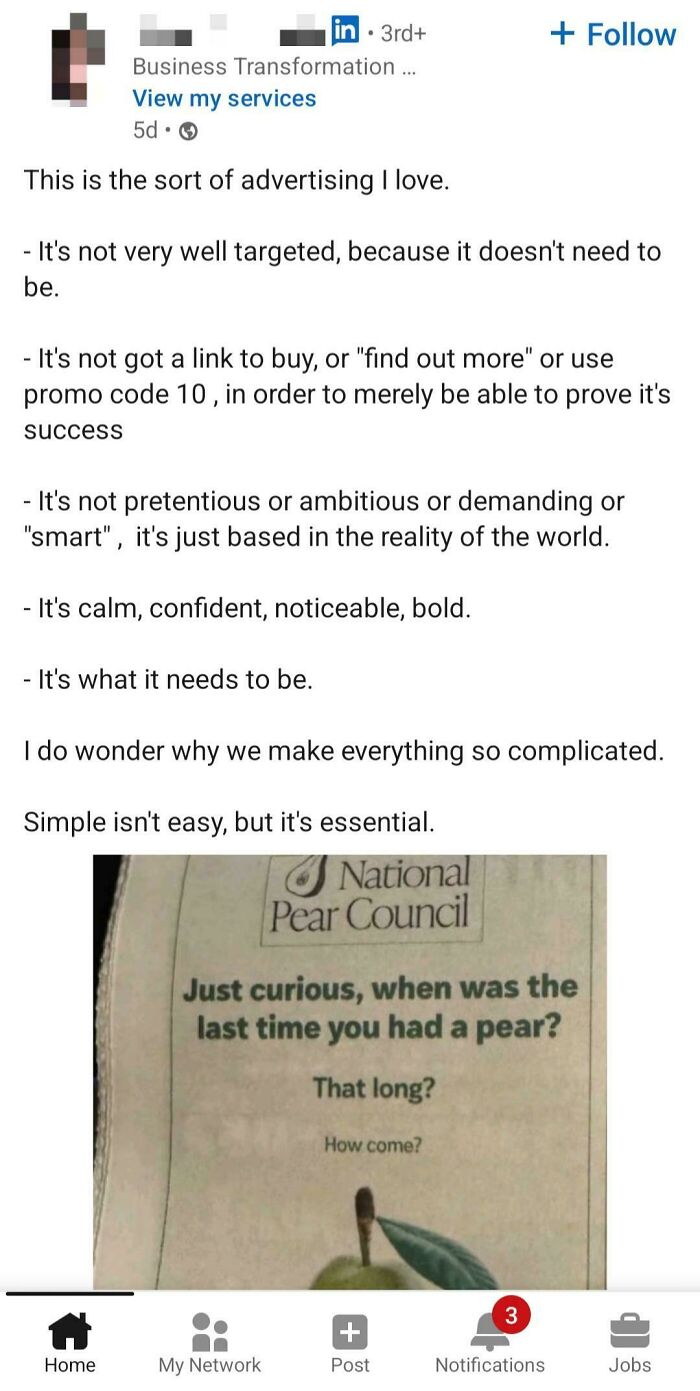 Funny National Pear Council ad asking when you last had a pear in simple advertising