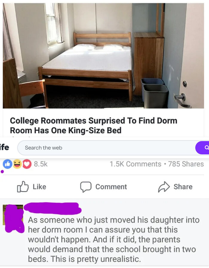 Fake news headline about college roommates surprised by king-size bed in dorm room