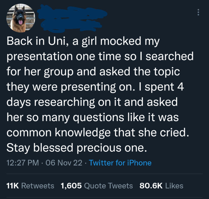 Tweet about a college presentation revenge story, fitting the painfully relatable memes keyword for all of us.