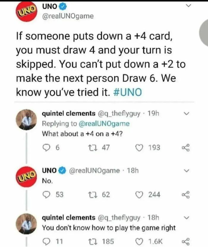 Screenshot of a funny UNO Twitter exchange explaining game rules, featuring relatable meme humor about playing the card game.