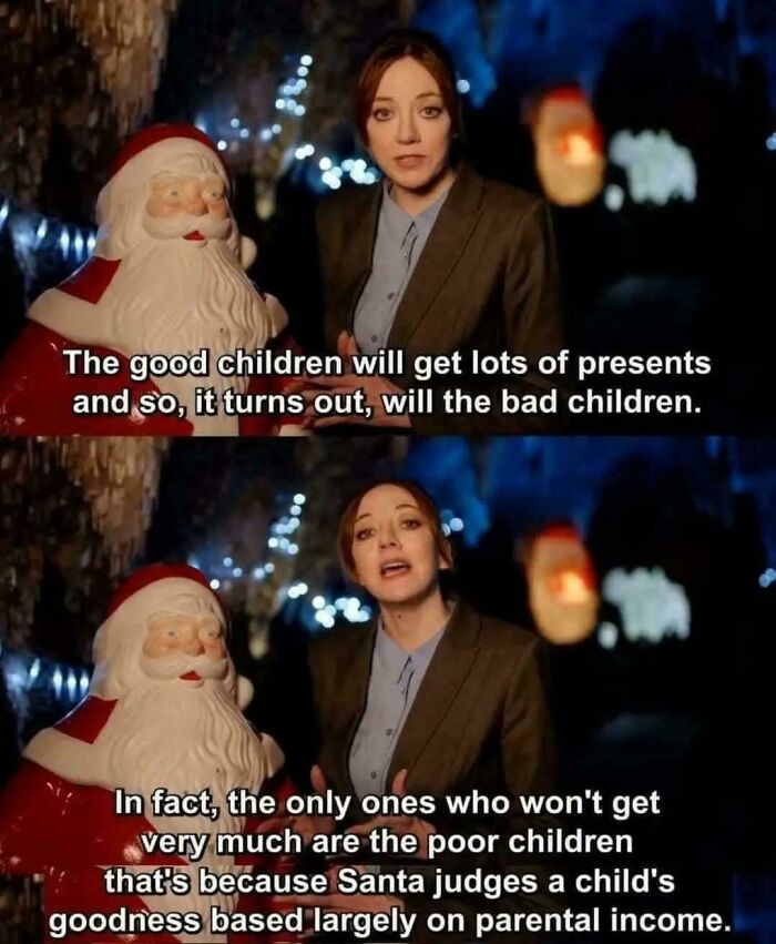 Woman standing next to Santa Claus statue explaining a meme about children and gifts based on parental income, relatable meme.