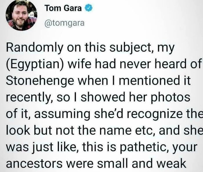 Tweet by Tom Gara sharing a painfully relatable meme about cultural differences and ancestors, fitting popular meme trends.