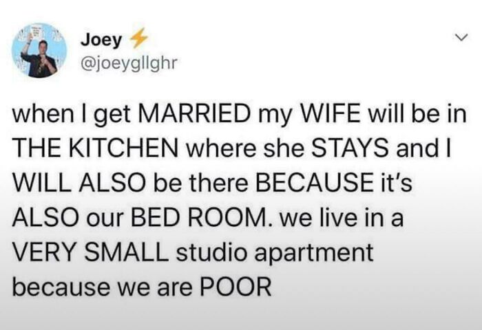 Screenshot of a relatable meme about married life and small living spaces from a collection of painfully relatable memes.