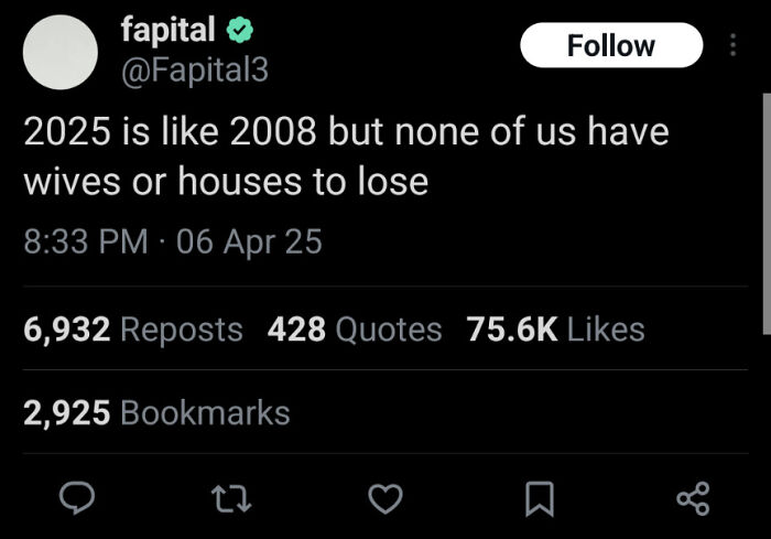 Tweet humorously comparing 2025 to 2008 with relatable memes about modern struggles.