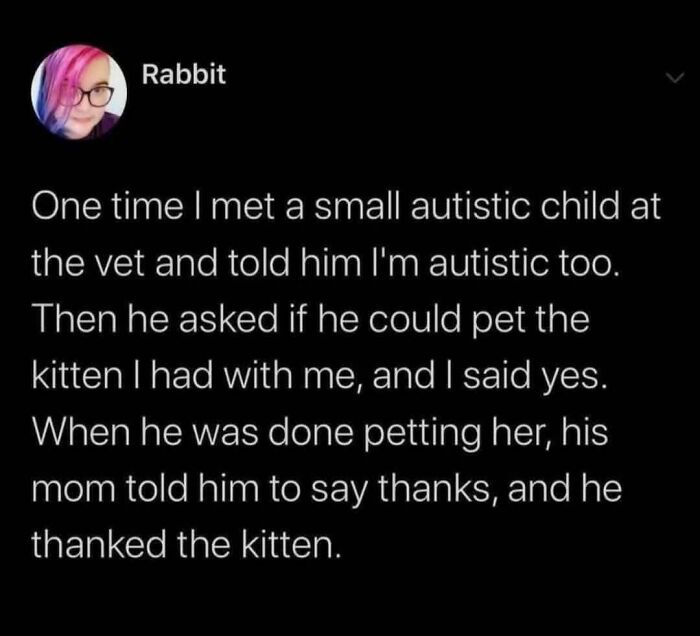 Text post by Rabbit sharing a painfully relatable meme about an autistic child and a kitten at the vet.