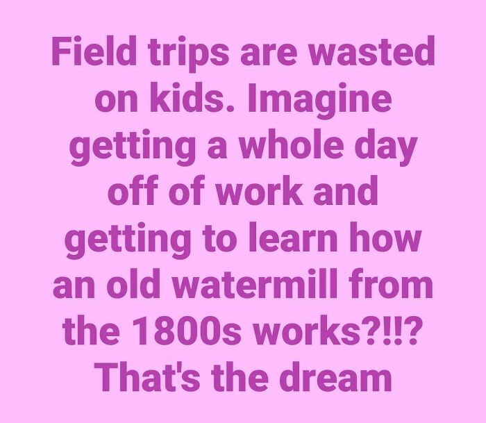 Relatable meme about wishing for a day off work to learn how an old watermill from the 1800s works.
