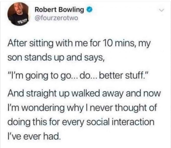 Tweet about a son deciding to leave after 10 minutes, reflecting relatable social interaction moments in memes.