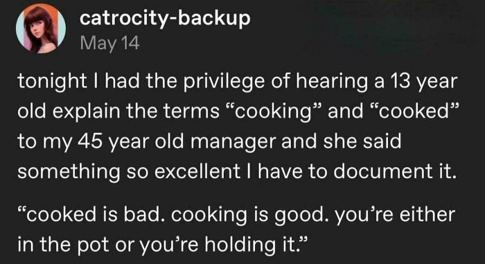 Meme text explaining cooking and cooked humorously, relatable meme about everyday language and work life.