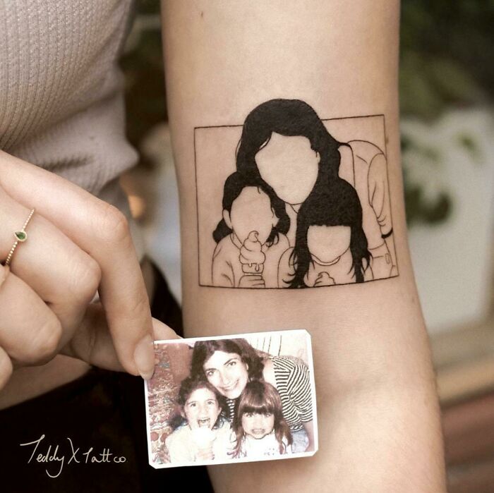 Minimalist family portrait tattoo inspired by a vintage photo, showcasing cool tattoos with no permanent regrets.