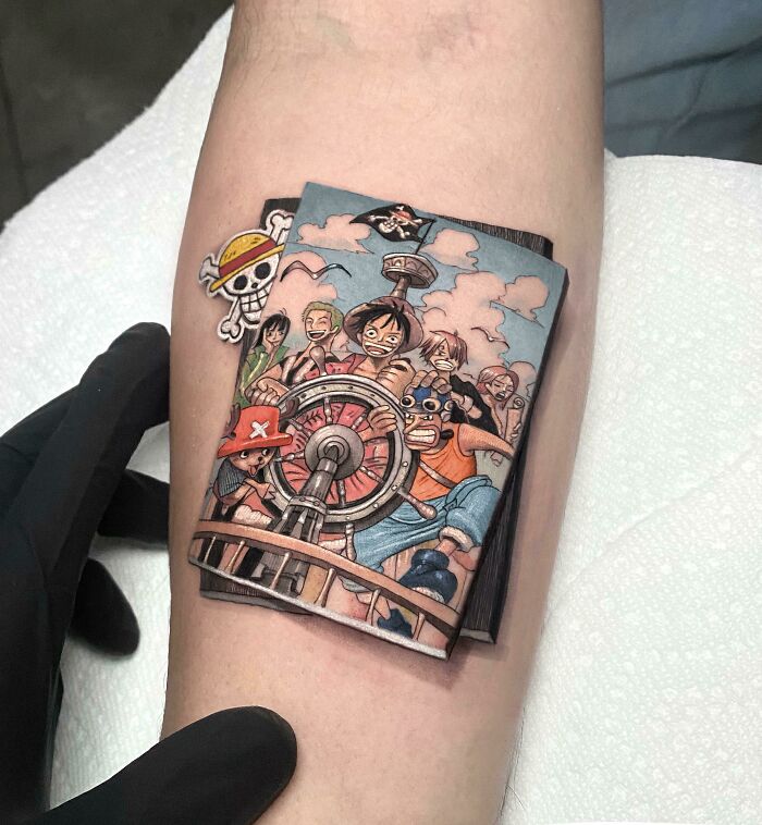 Tattoo of colorful anime characters steering a ship wheel, showcasing cool tattoos with vibrant and detailed artwork.