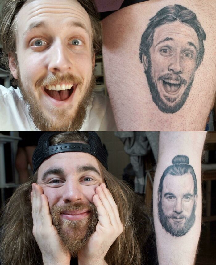 Two men posing next to cool tattoos of their own faces inked on their legs, showcasing unique portrait tattoo designs.
