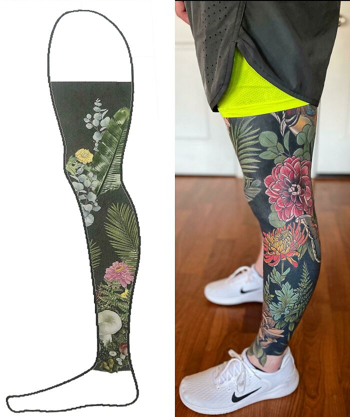 Floral leg tattoo sleeve with vibrant leaves and flowers, showcasing one of the cool tattoos without permanent regrets.
