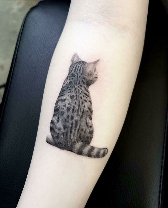 Realistic black and gray spotted cat tattoo on inner forearm, showcasing one of the cool tattoos without permanent regrets.
