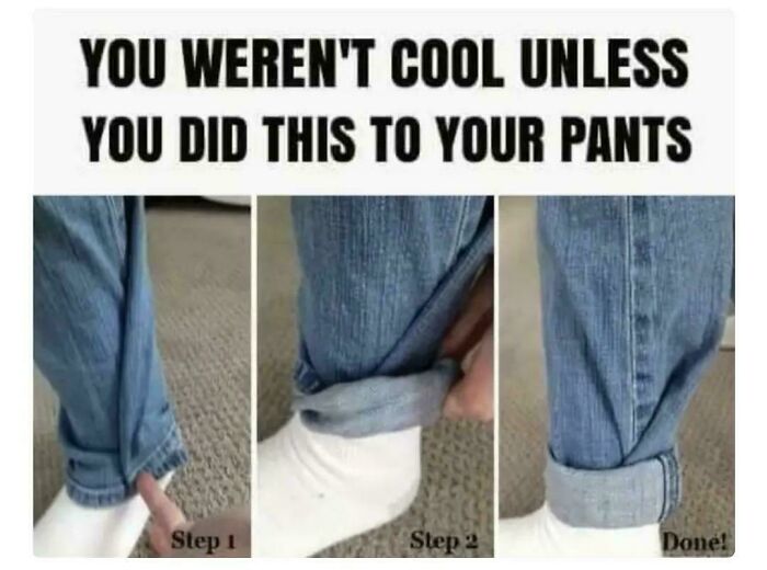 Rolled-up jeans tutorial showcasing a nostalgic and relatable Gen X fashion trend in three simple steps.