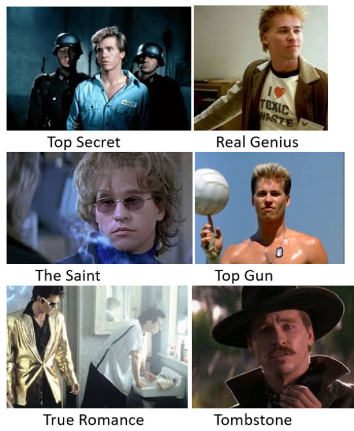 Collage of nostalgic Gen X movie scenes including Top Secret, Real Genius, The Saint, Top Gun, True Romance, and Tombstone moments.