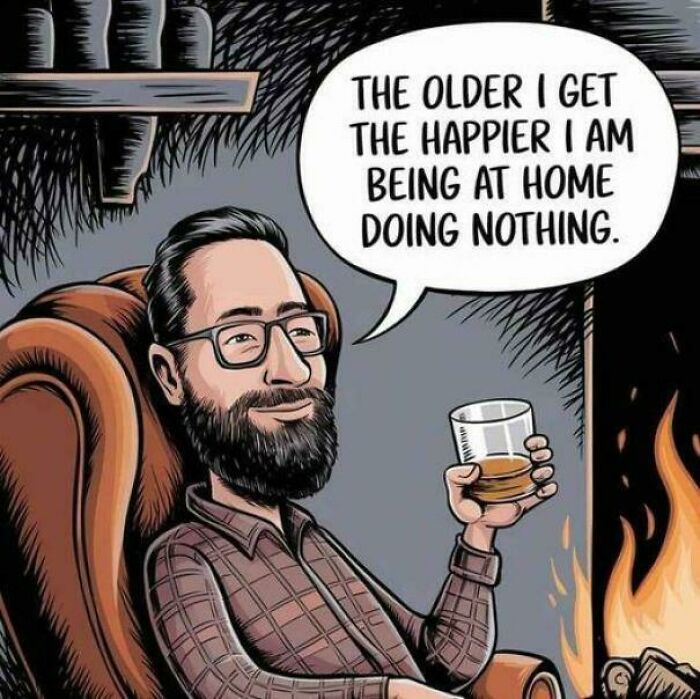 Cartoon of a bearded man relaxing with a drink by the fire, reflecting on nostalgia and Gen X relatable moments.