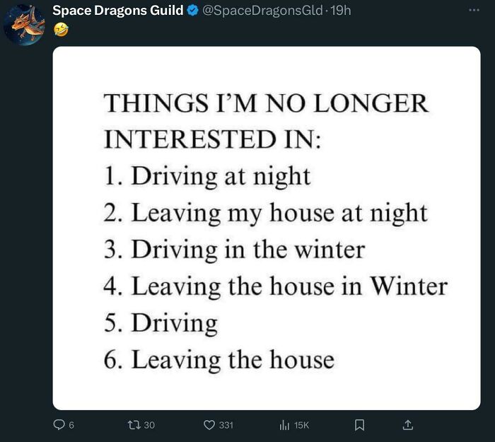 List of things no longer interesting to Gen X including driving at night, leaving the house in winter, and other relatable nostalgic posts.