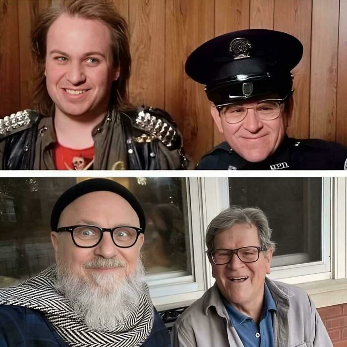 Side-by-side photos showing nostalgic Gen X friends, one younger in costume and one older with glasses, smiling together.