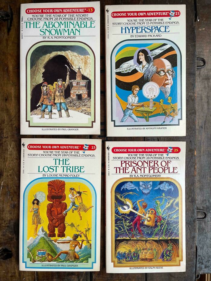 Four vintage Choose Your Own Adventure books on a wooden surface, evoking nostalgic and relatable Gen X memories.