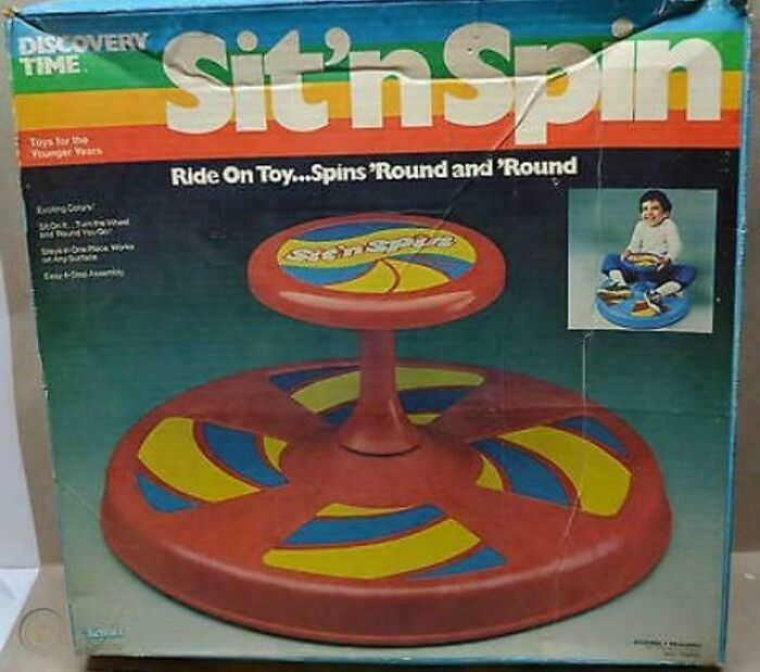 Vintage Sit'n Spin toy packaging from the 1980s, a nostalgic and relatable item for Gen X childhood memories.