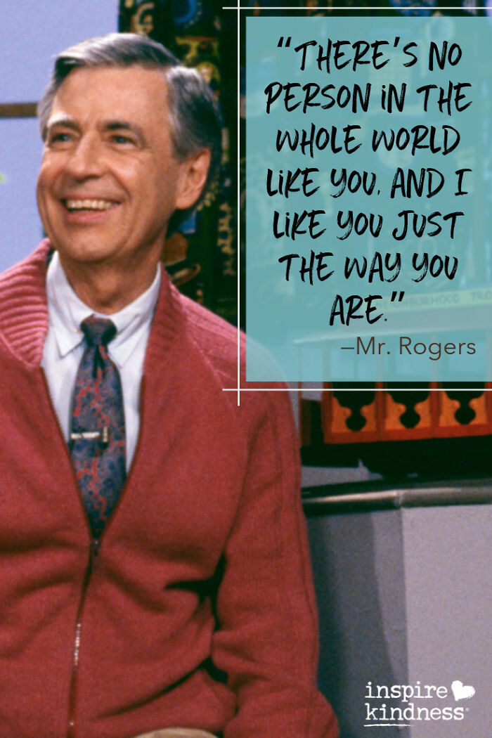 Smiling Mr. Rogers in a red cardigan with a nostalgic quote, relatable to Gen X and their shared memories.