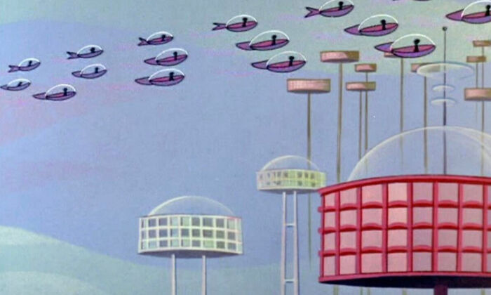 Animated futuristic flying cars and buildings from a nostalgic Gen X cartoon depicting a retro sci-fi cityscape.