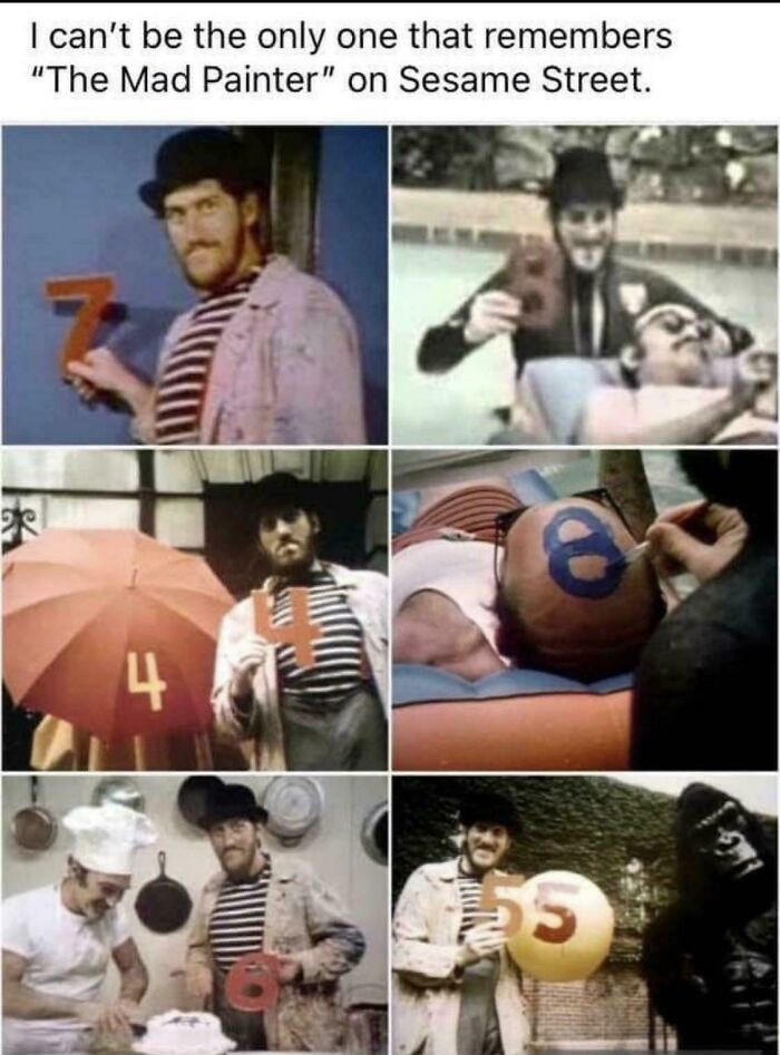 Collage of nostalgic Sesame Street Mad Painter character holding numbers, evoking relatable Gen X memories and humor.