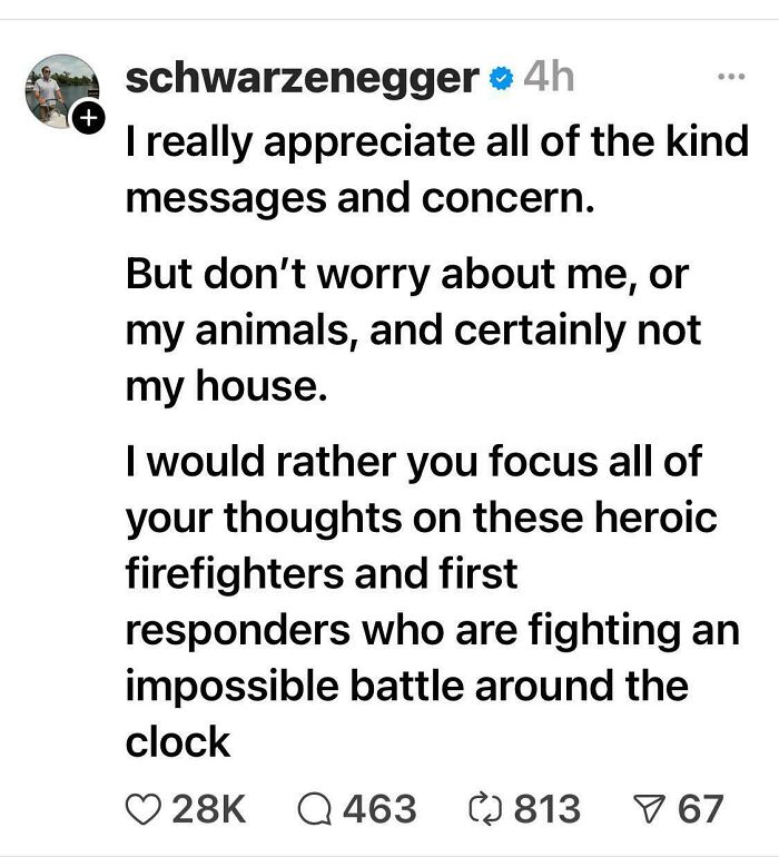 Instagram post from Schwarzenegger expressing gratitude and concern, highlighting relatable posts for Gen X on back pain and nostalgia.