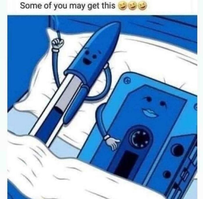 Cartoon pen and cassette tape with faces lying in bed, representing nostalgic and relatable Gen X humor.
