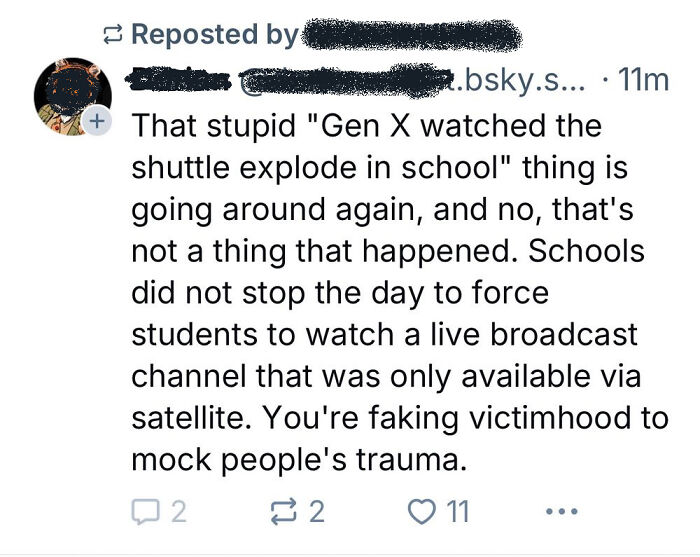 Social media post debunking the myth about Gen X watching the shuttle explosion live in school, reflecting nostalgic Gen X posts.