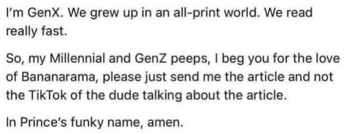 Text post about Gen X reading fast, asking Millennials and Gen Z to send articles instead of TikTok videos, referencing nostalgic pop culture.