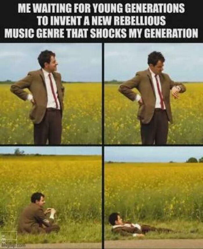 Man in a brown suit waiting in a field, representing relatable Gen X nostalgia and back pain humor.