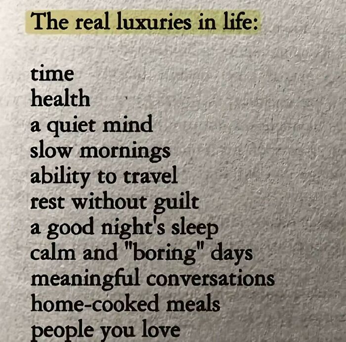 Text listing real luxuries in life such as time, health, rest, and meaningful conversations for nostalgic Gen X readers.